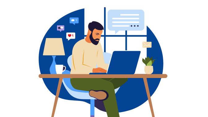 Illustration of a man at a desk working on a laptop