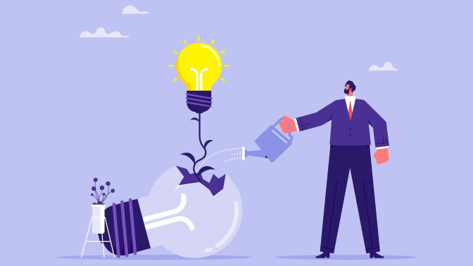 A man watering an idea growing from a broken lightbulb