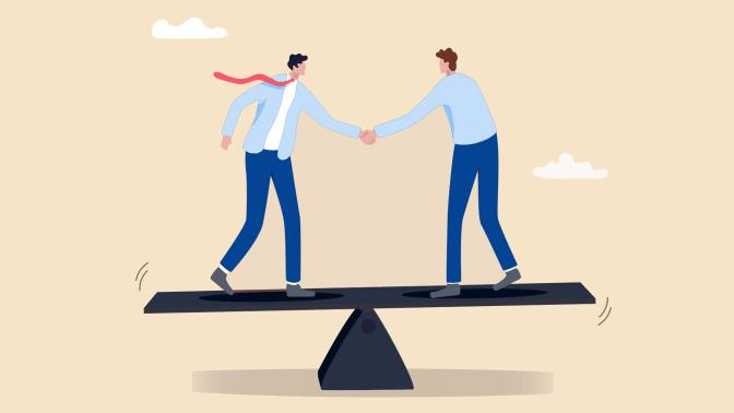 Illustration of two people shaking hands on a teeter-totter