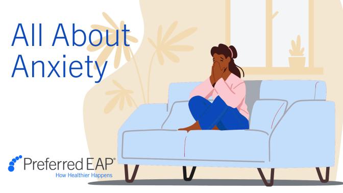 A illustration of a woman on a couch with her hands on her face