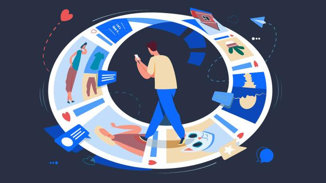 Abstract illustration of a person walking on an infinite loop of social media websites