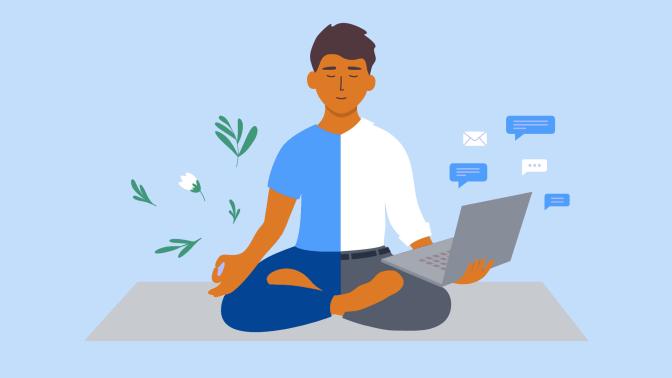 Illlistration of a man meditating with a laptop in one hand