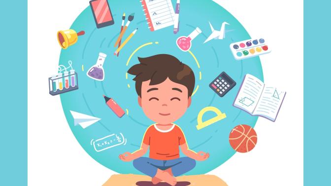 A child at a school desk surrounded by school-related objects